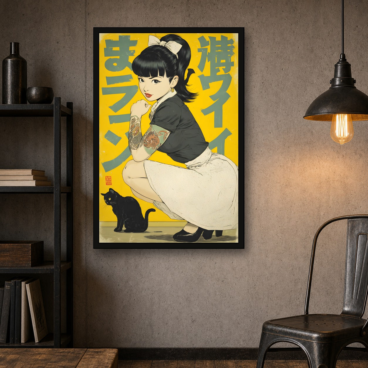 Black Cat Girl Poster, Japanese Inspired Wall Art, Cat Lover Print - 2x3 room mockup