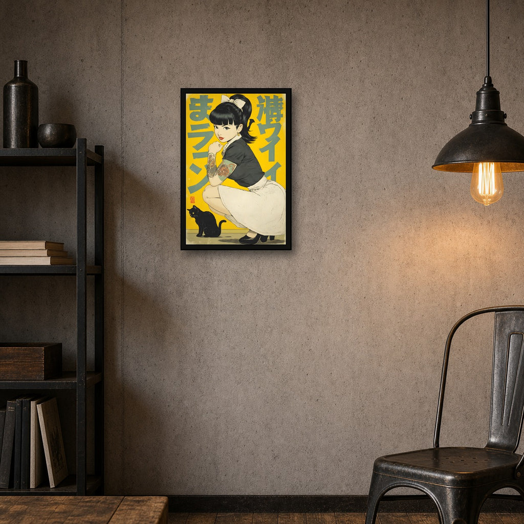 Black Cat Girl Poster, Japanese Inspired Wall Art, Cat Lover Print - 2x3 room mockup