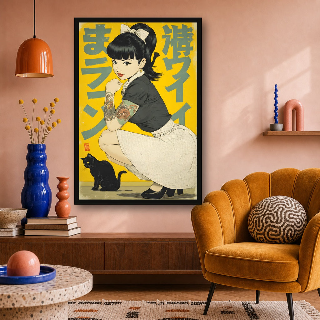 Black Cat Girl Poster, Japanese Inspired Wall Art, Cat Lover Print - 2x3 room mockup