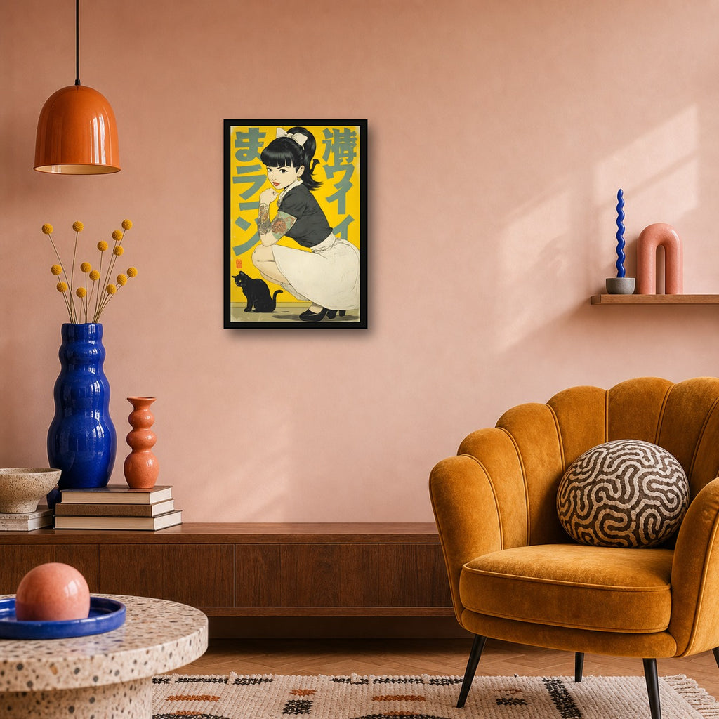 Black Cat Girl Poster, Japanese Inspired Wall Art, Cat Lover Print - 2x3 room mockup