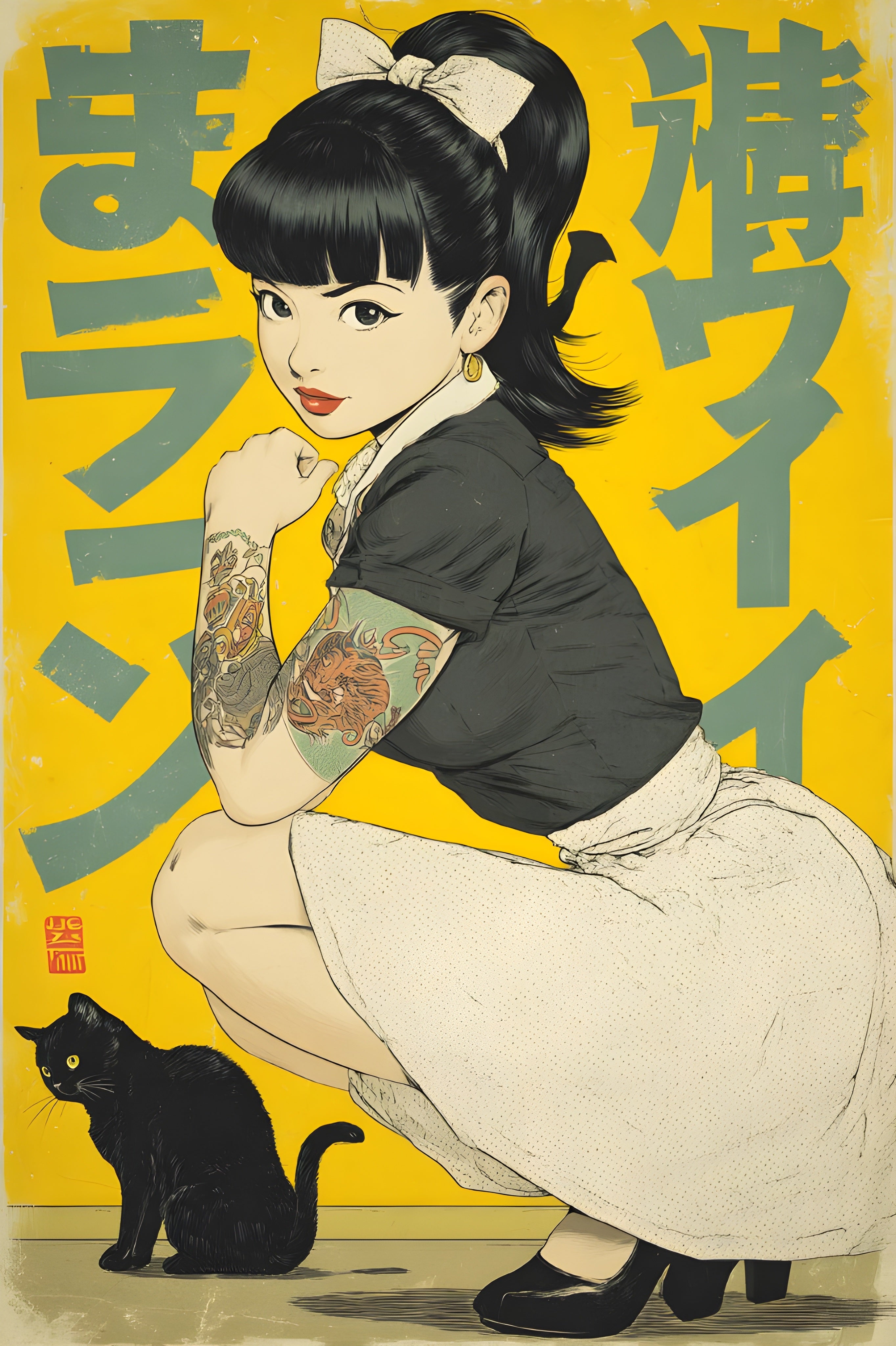 Black Cat Girl Poster, Japanese Inspired Wall Art, Cat Lover Print