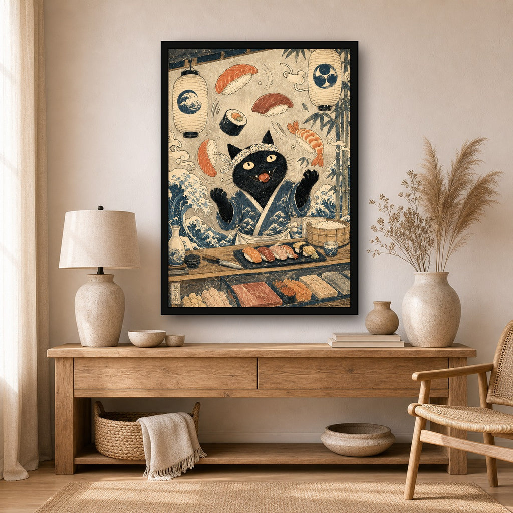 Black Cat Sushi Bar Japanese Poster - A room mockup
