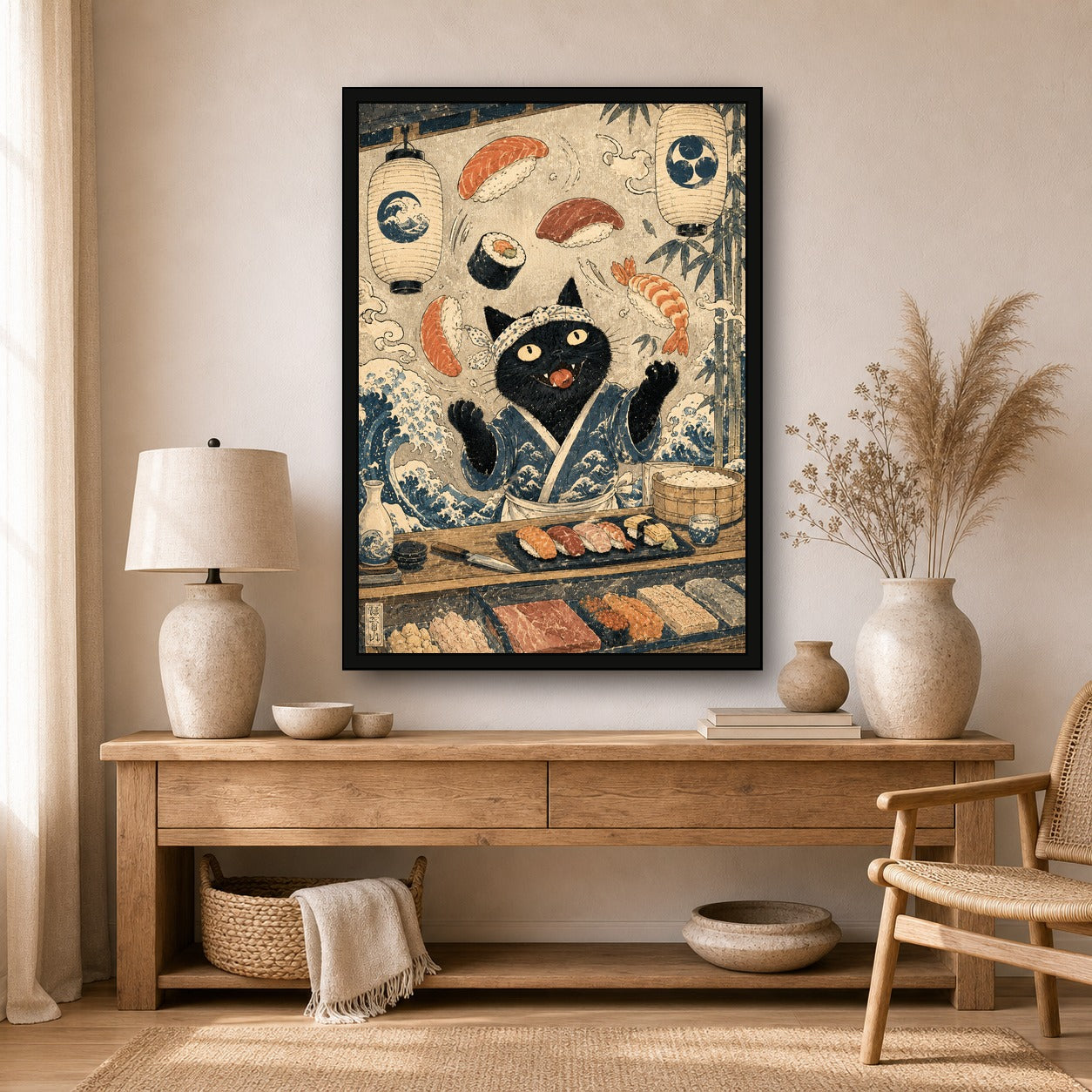 Black Cat Sushi Bar Japanese Poster - A room mockup