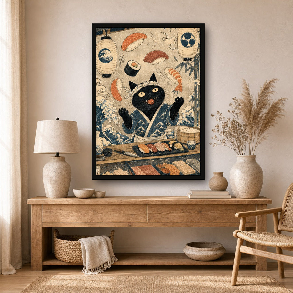 Black Cat Sushi Bar Japanese Poster - A-ratio boho room mockup, large print
