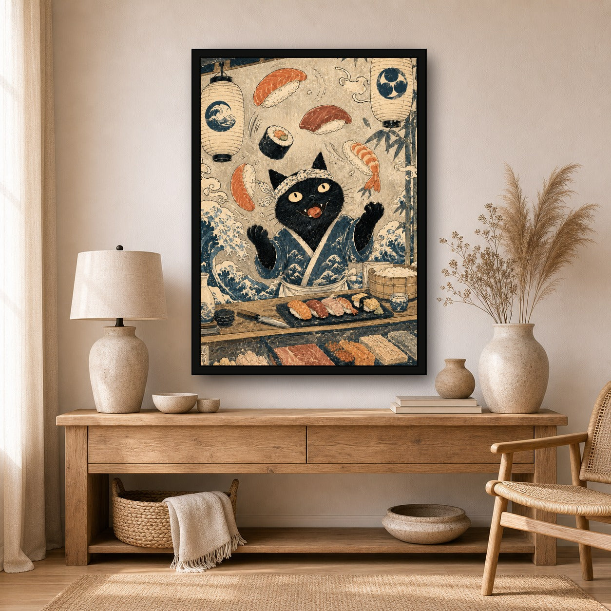 Black Cat Sushi Bar Japanese Poster - A-ratio boho room mockup, large print