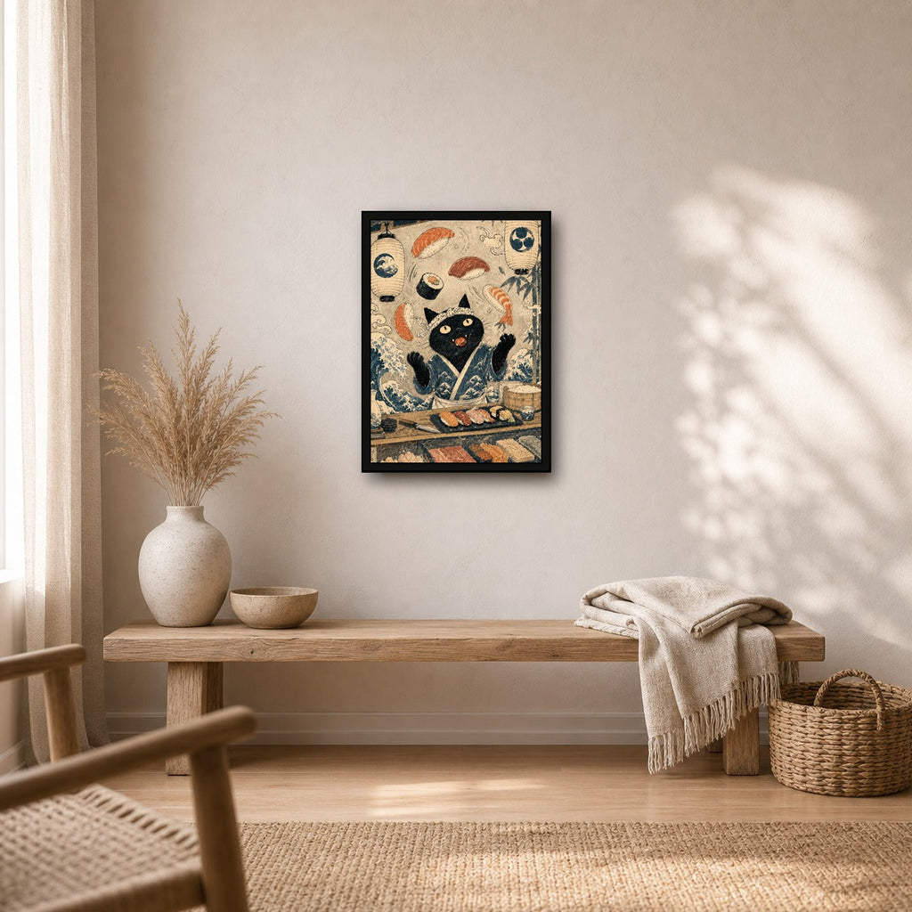 Black Cat Sushi Bar Japanese Poster - A-ratio boho room mockup, small print