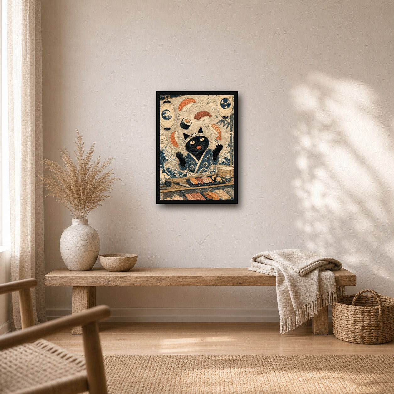 Black Cat Sushi Bar Japanese Poster - A-ratio boho room mockup, small print