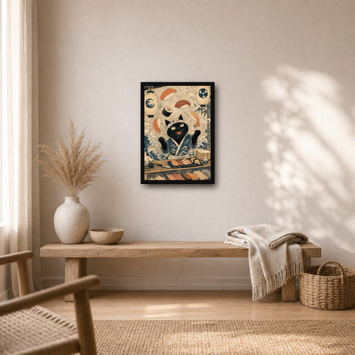 Black Cat Sushi Bar Japanese Poster - A-ratio boho room mockup, small print