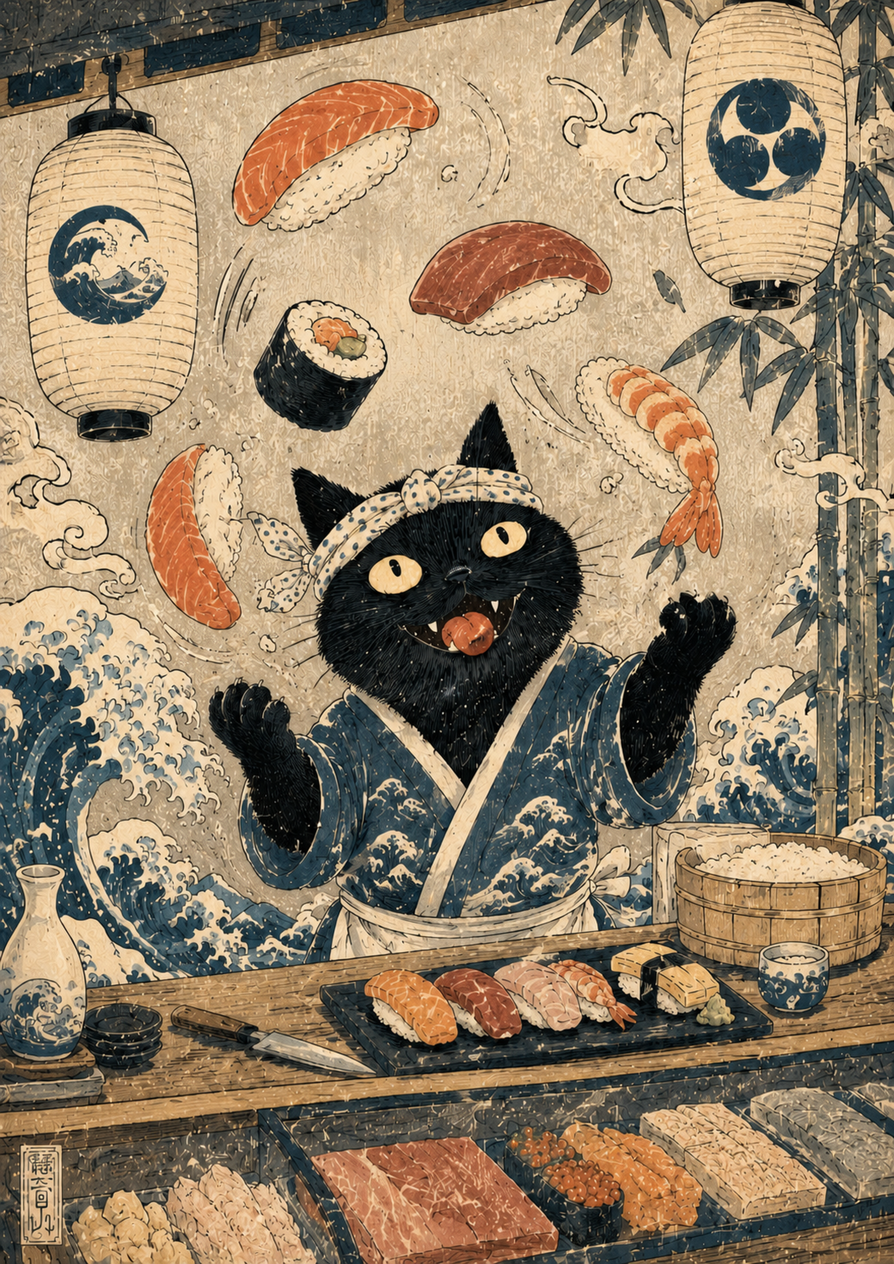 Black Cat Sushi Bar Japanese Poster