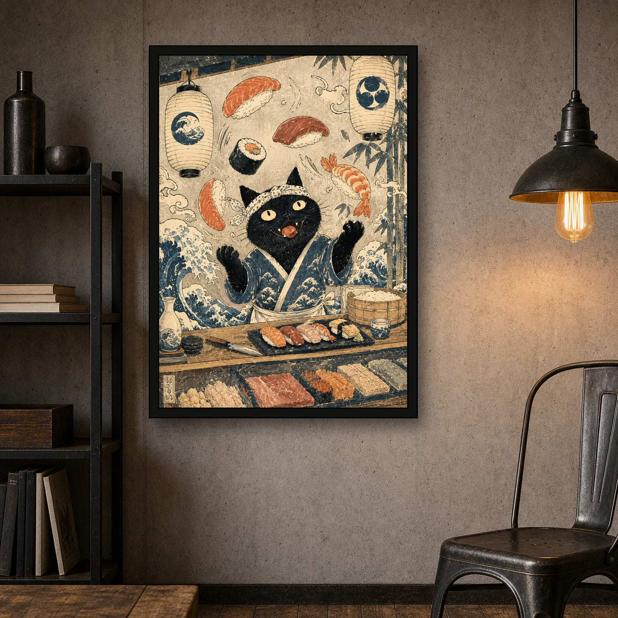 Black Cat Sushi Bar Japanese Poster - A room mockup