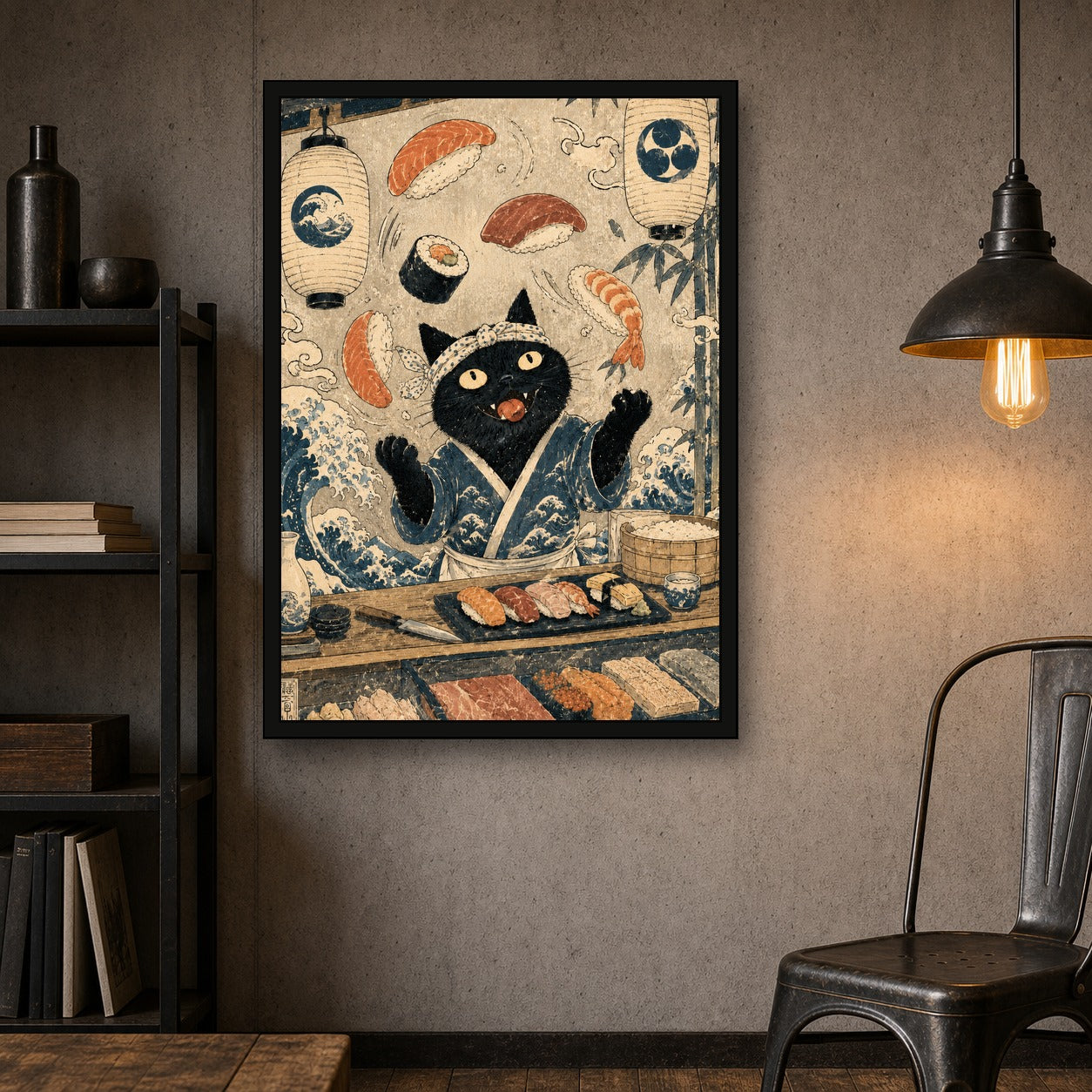 Black Cat Sushi Bar Japanese Poster - A-ratio industrial room mockup, large print