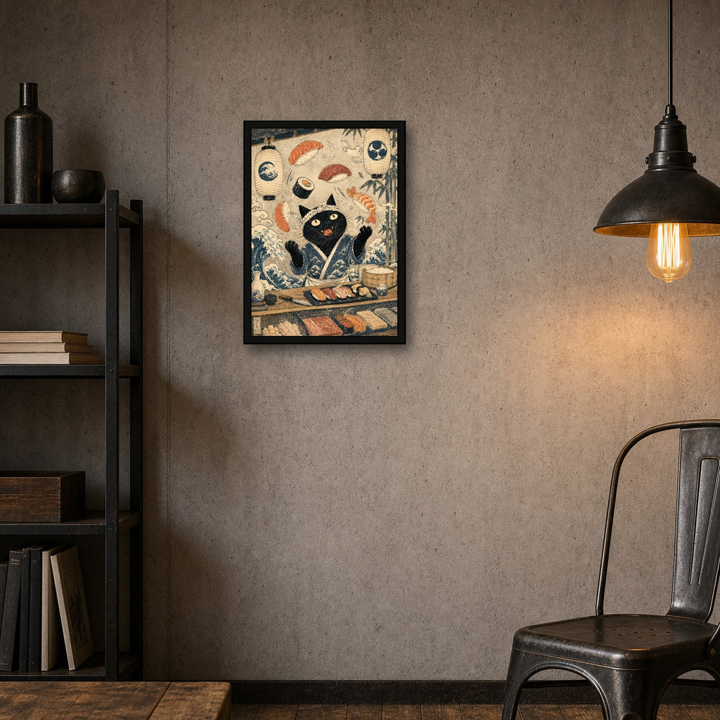 Black Cat Sushi Bar Japanese Poster - A room mockup