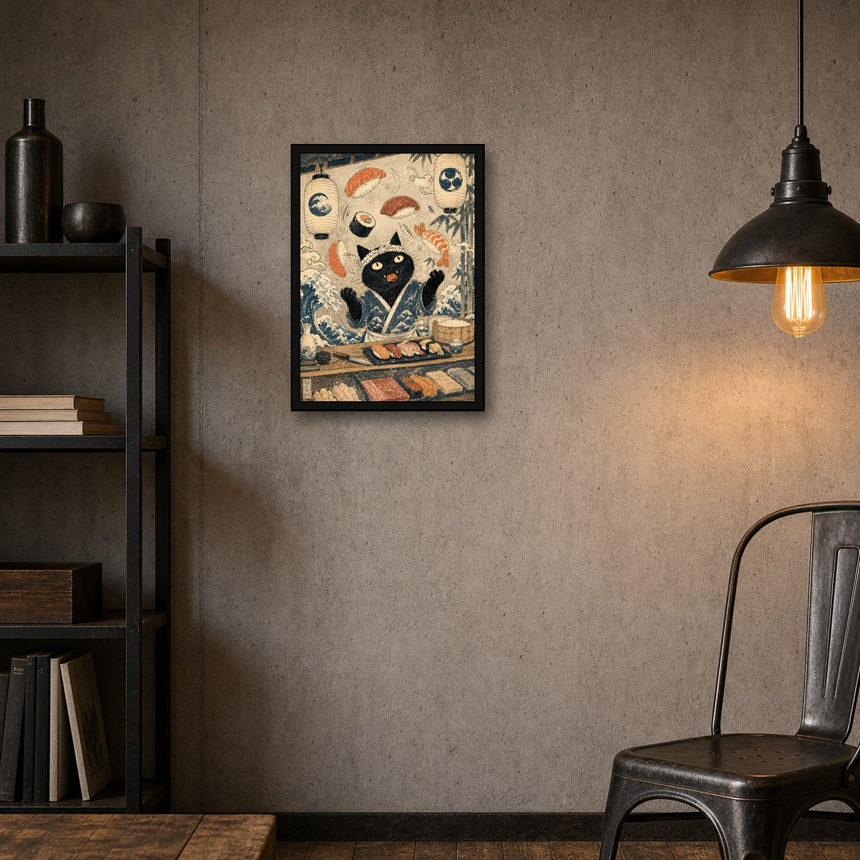 Black Cat Sushi Bar Japanese Poster - A room mockup
