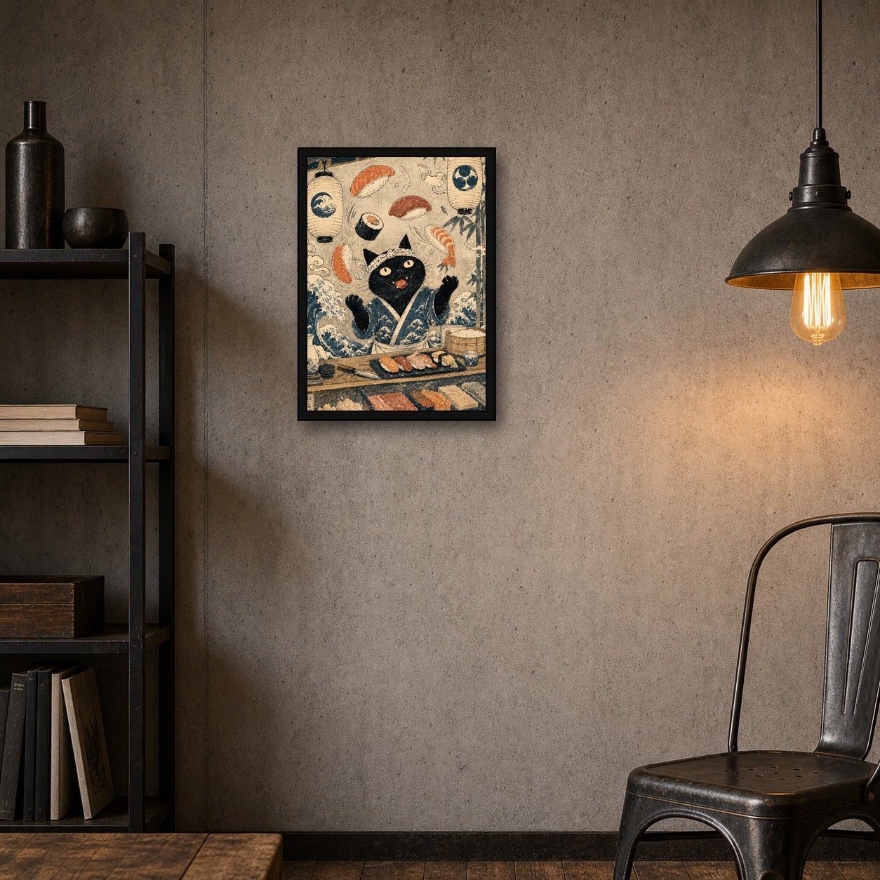 Black Cat Sushi Bar Japanese Poster - A-ratio industrial room mockup, small print