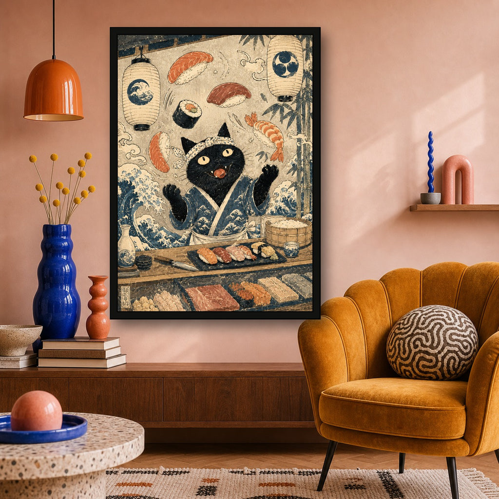 Black Cat Sushi Bar Japanese Poster - A room mockup