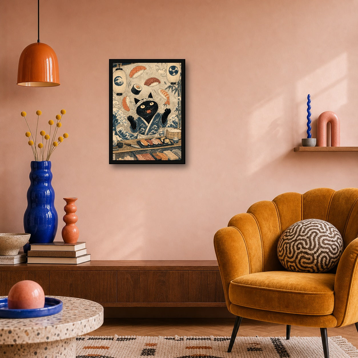 Black Cat Sushi Bar Japanese Poster - A-ratio retro room mockup, small print