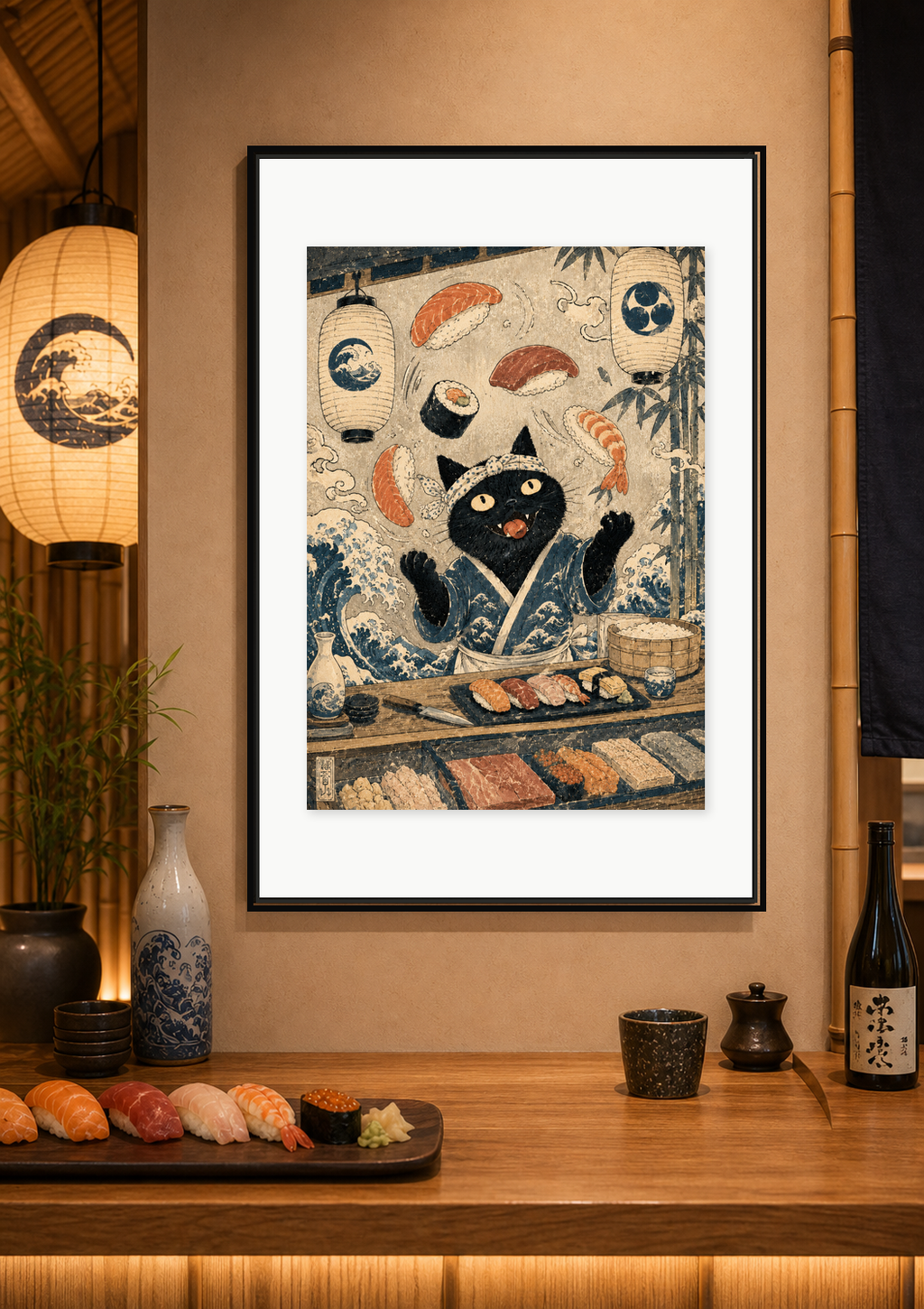Black Cat Sushi Bar Japanese Poster in an artwork-specific room mockup
