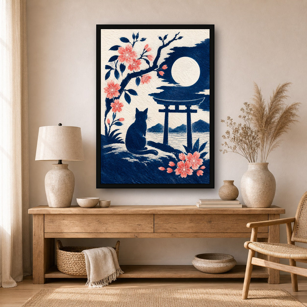 Black Cat Torii Moon Japanese Poster - A room mockup