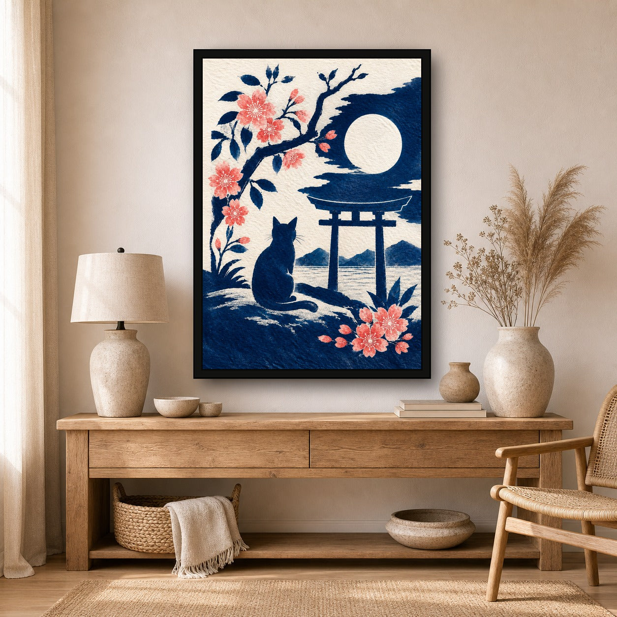 Black Cat Torii Moon Japanese Poster - A room mockup