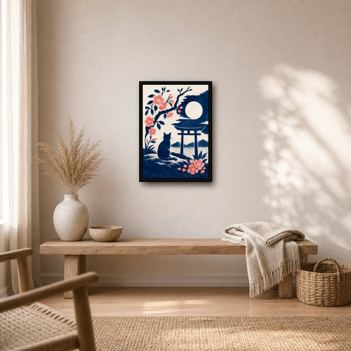 Black Cat Torii Moon Japanese Poster - A room mockup