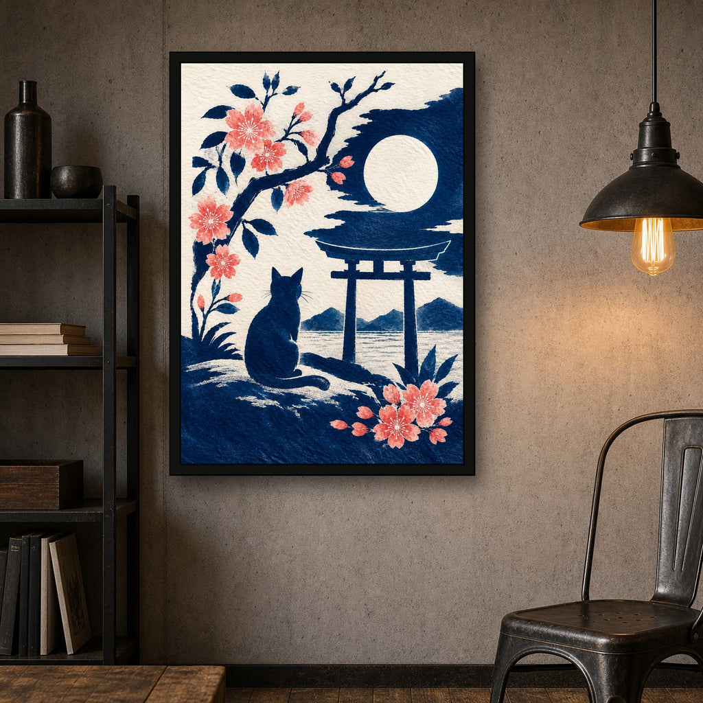 Black Cat Torii Moon Japanese Poster - A room mockup
