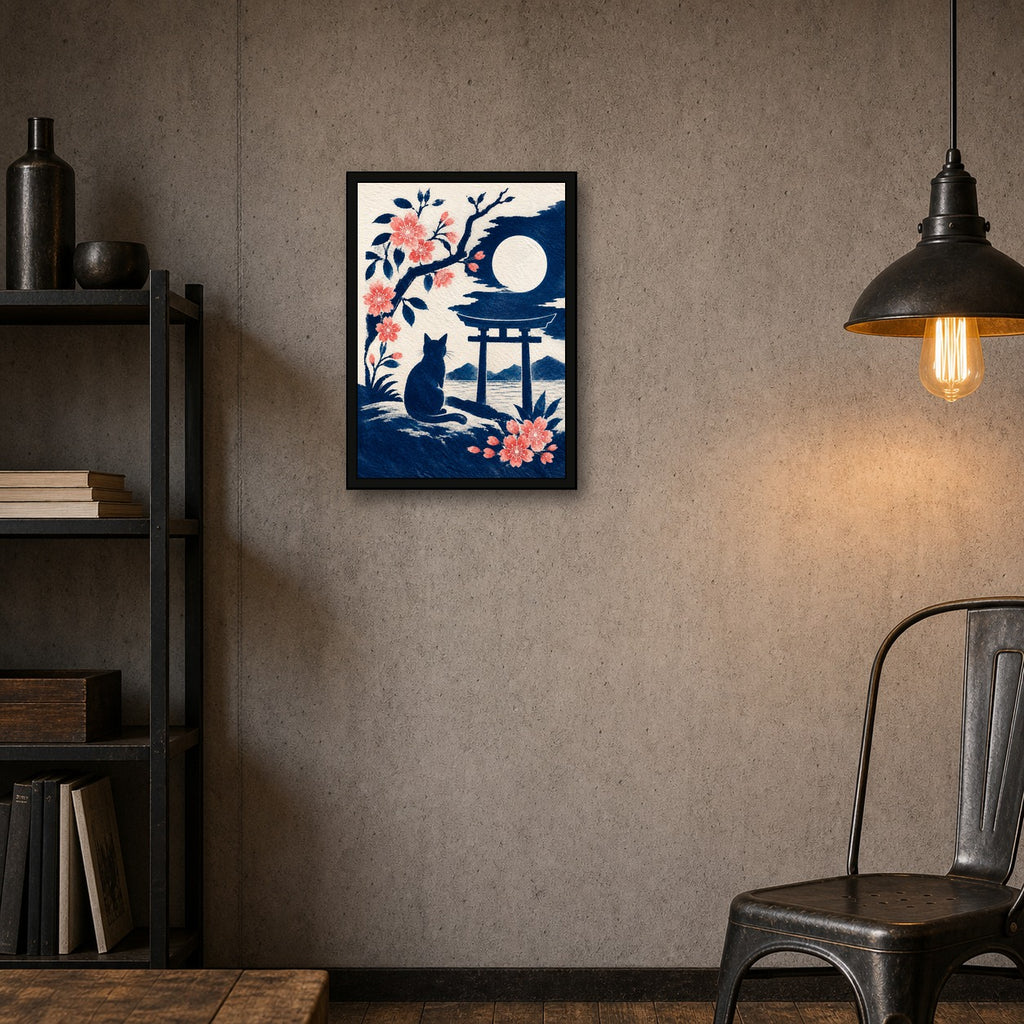 Black Cat Torii Moon Japanese Poster - A room mockup