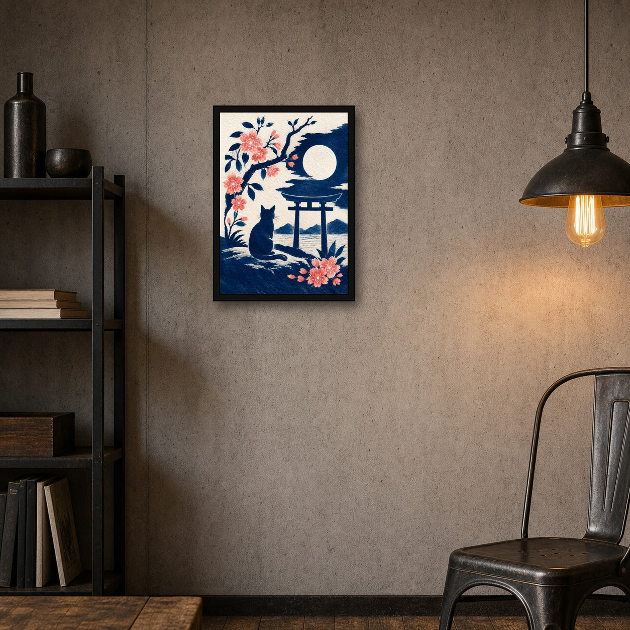 Black Cat Torii Moon Japanese Poster - A room mockup