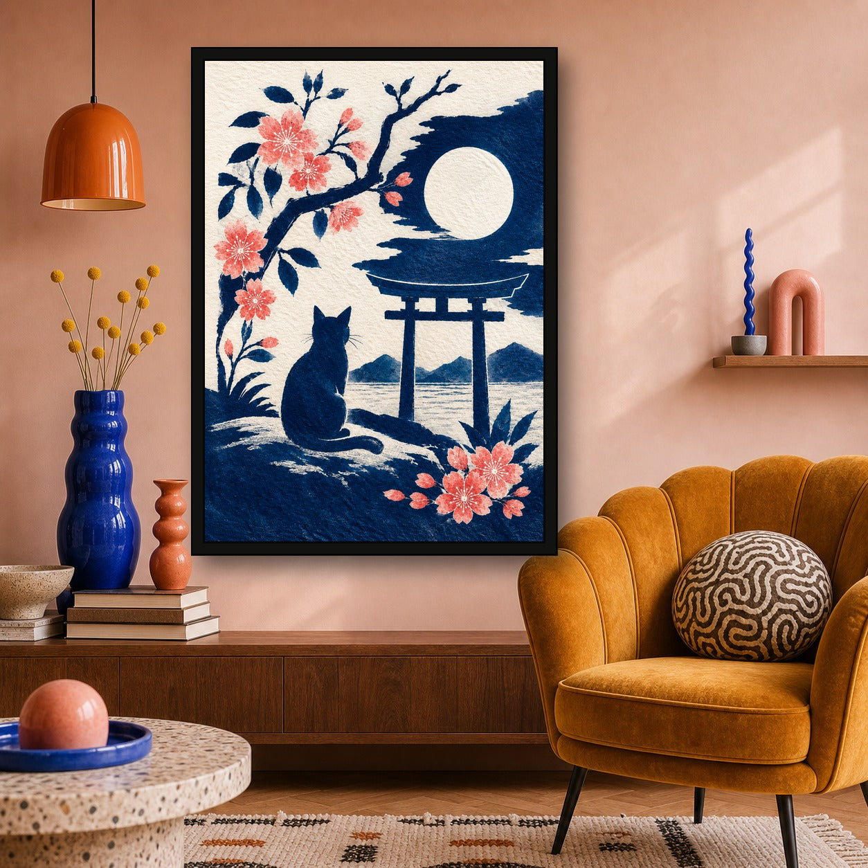 Black Cat Torii Moon Japanese Poster - A room mockup