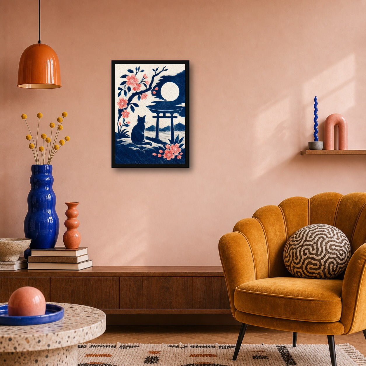 Black Cat Torii Moon Japanese Poster - A room mockup