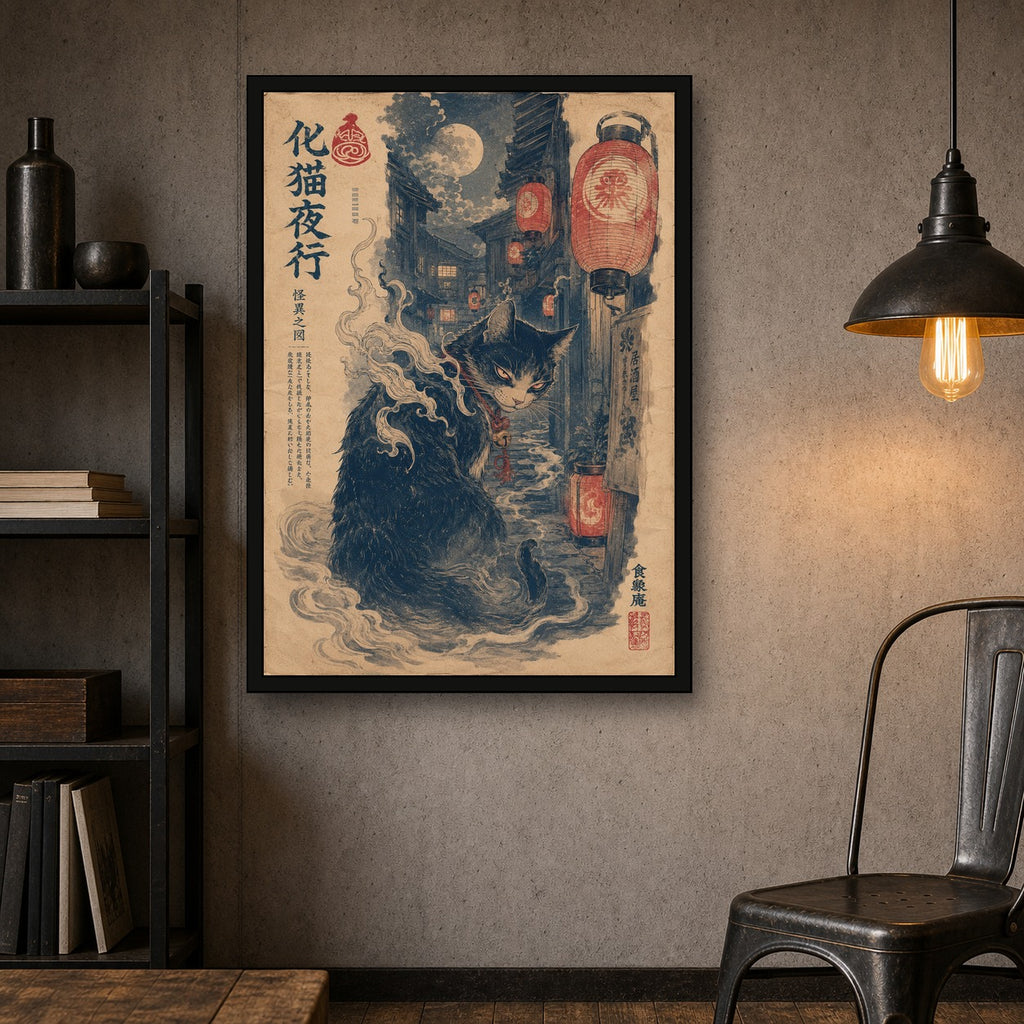 Black Cat Yokai Alley Japanese Poster - A room mockup