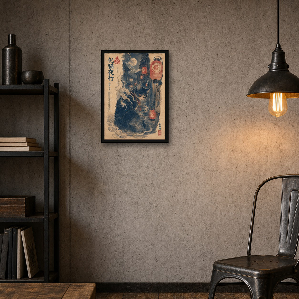 Black Cat Yokai Alley Japanese Poster - A room mockup