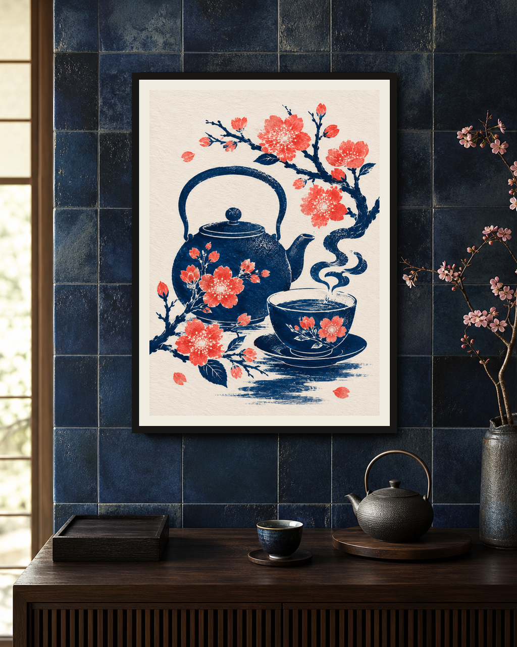 Blossom Teapot Japanese Tea Poster in an artwork-specific room mockup