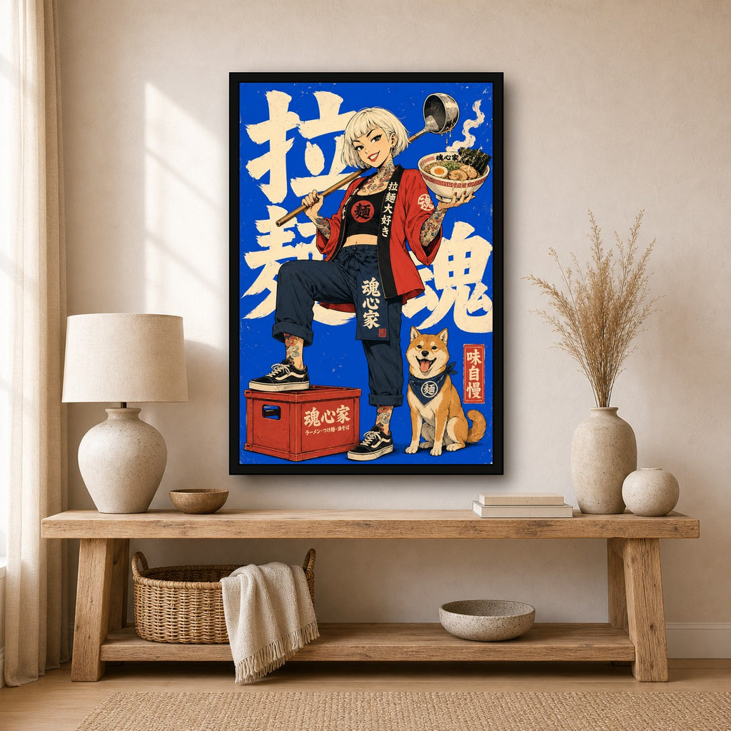 Blue Ramen Girl Japanese Retro Poster - 2x3 room mockup