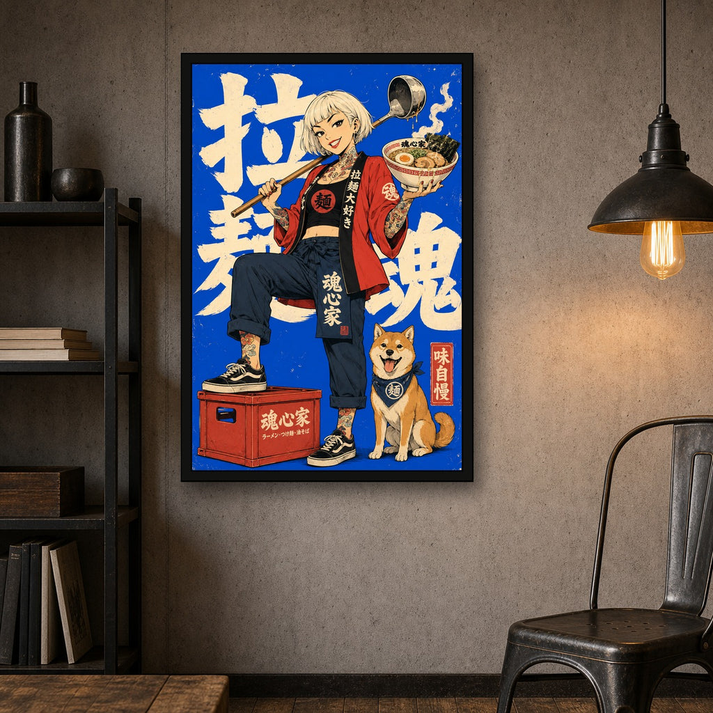 Blue Ramen Girl Japanese Retro Poster - 2x3 room mockup
