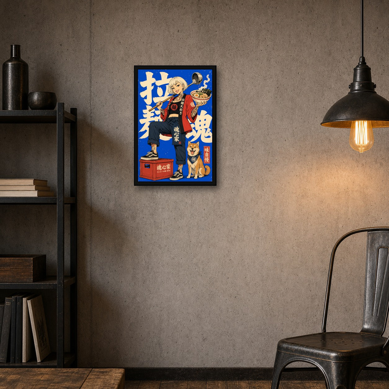 Blue Ramen Girl Japanese Retro Poster - 2x3 room mockup
