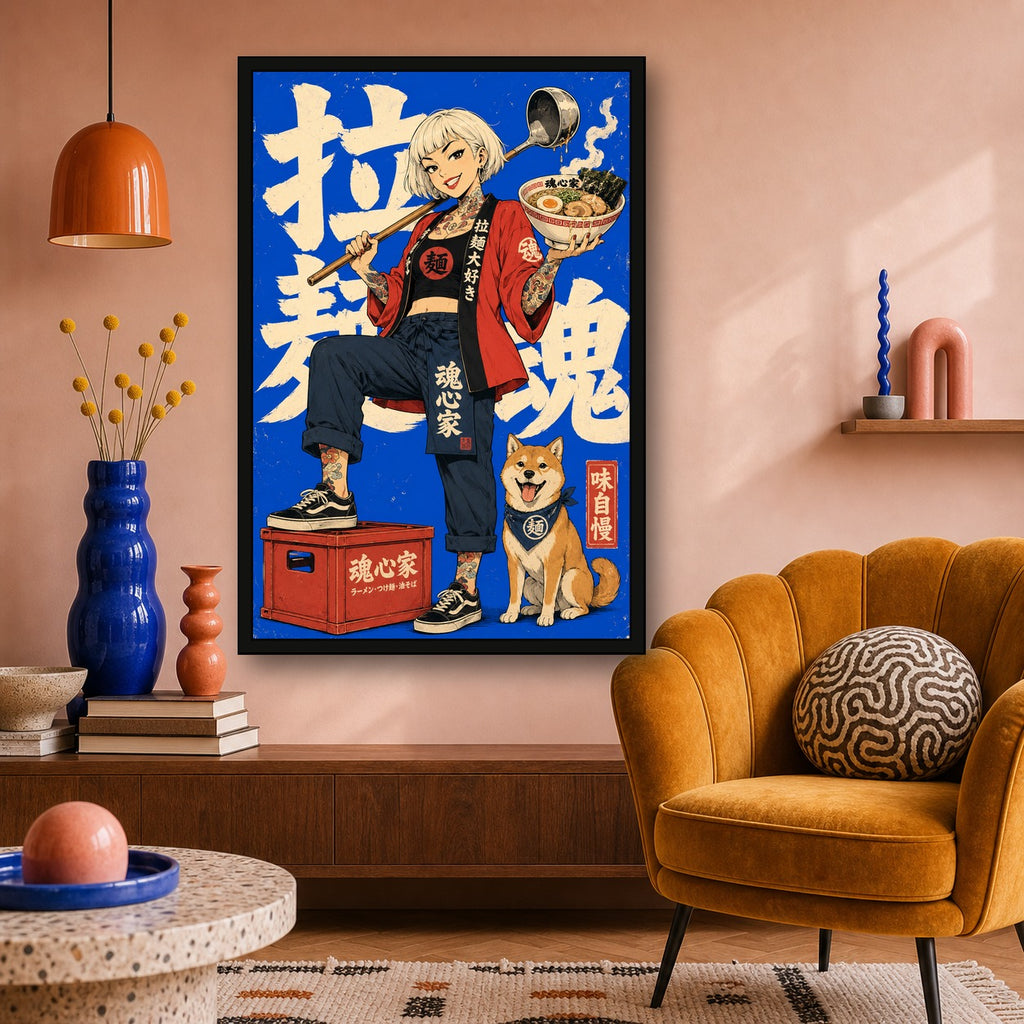 Blue Ramen Girl Japanese Retro Poster - 2x3 room mockup