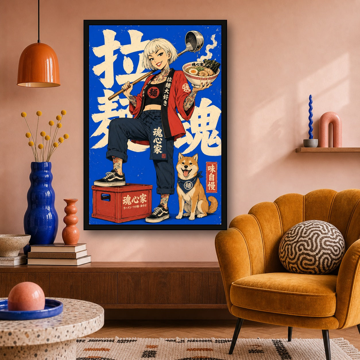 Blue Ramen Girl Japanese Retro Poster - 2x3 room mockup