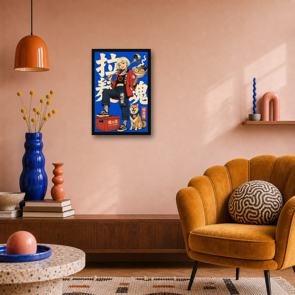 Blue Ramen Girl Japanese Retro Poster - 2x3 room mockup