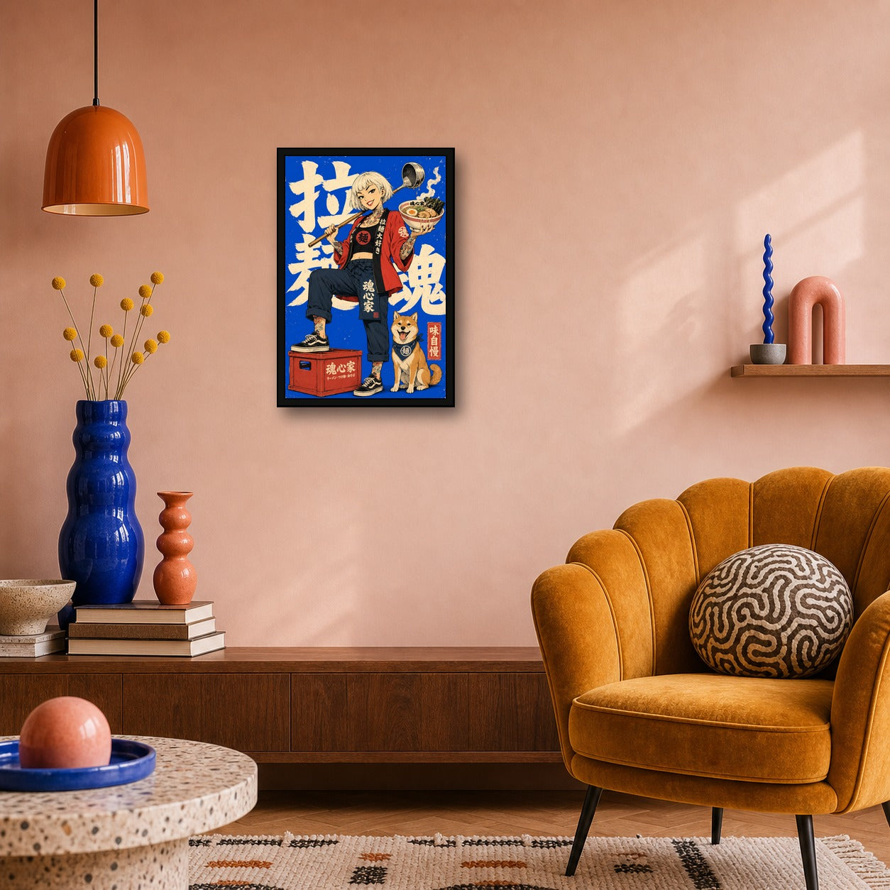 Blue Ramen Girl Japanese Retro Poster - 2x3 room mockup