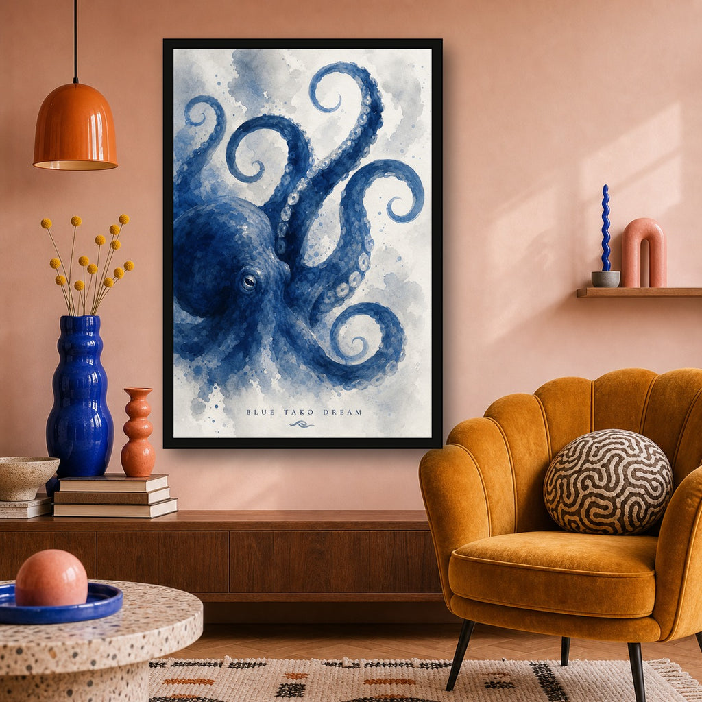 Blue Tako Dream Japanese Retro Poster - 2x3 room mockup