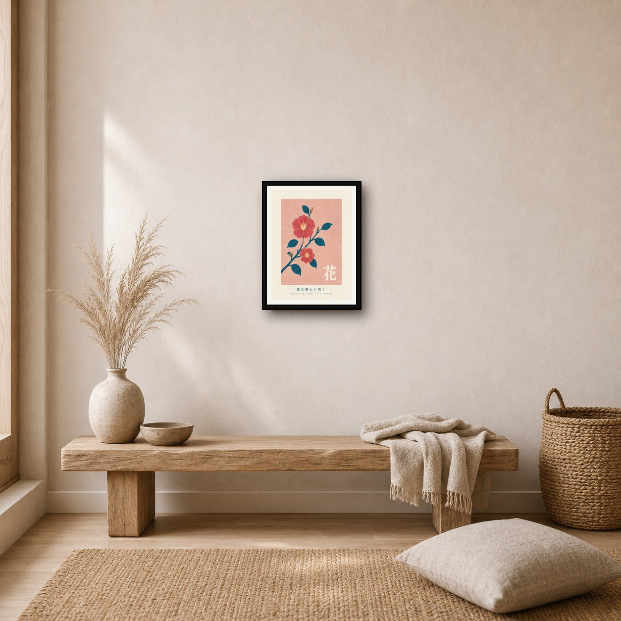 Blush & Teal Camellia Bloom Poster, Serene Japanese Floral Wall Art in Multiple Sizes - 3x4 room mockup
