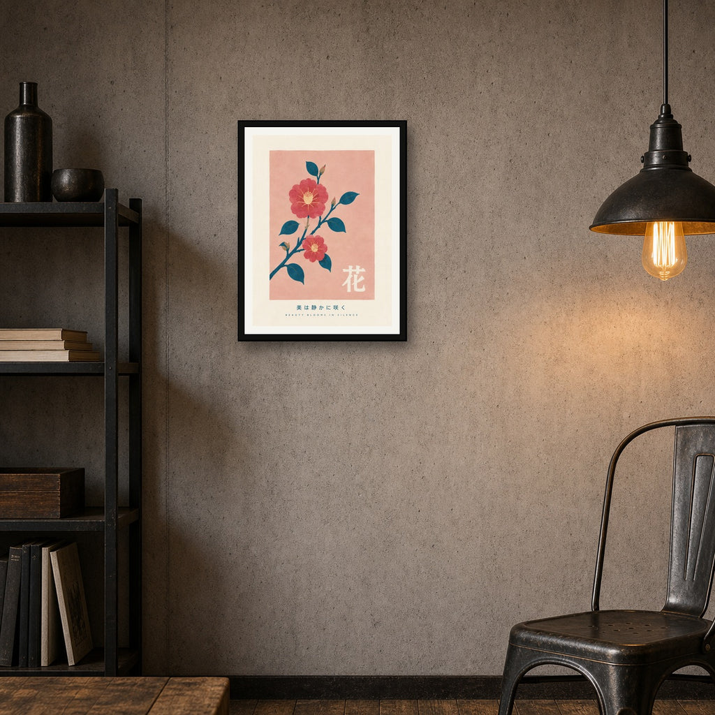 Blush & Teal Camellia Bloom Poster, Serene Japanese Floral Wall Art in Multiple Sizes - 3x4 room mockup