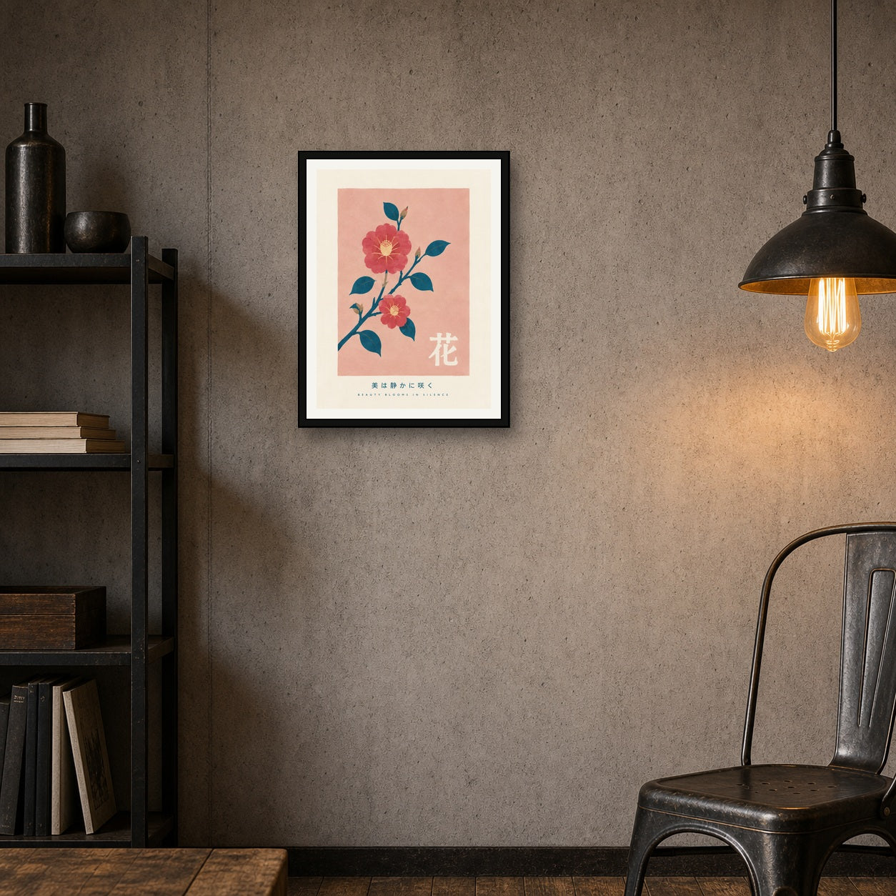 Blush & Teal Camellia Bloom Poster, Serene Japanese Floral Wall Art in Multiple Sizes - 3x4 room mockup