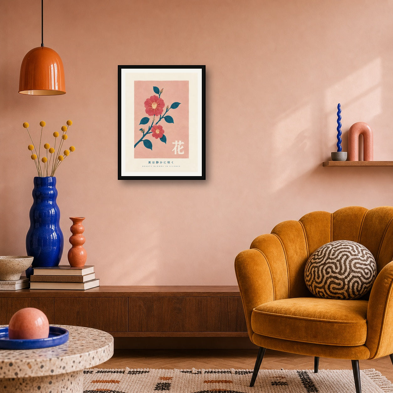 Blush & Teal Camellia Bloom Poster, Serene Japanese Floral Wall Art in Multiple Sizes - 3x4 room mockup