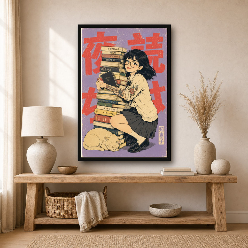 Book Stack Girl Japanese Retro Poster - 2x3 room mockup