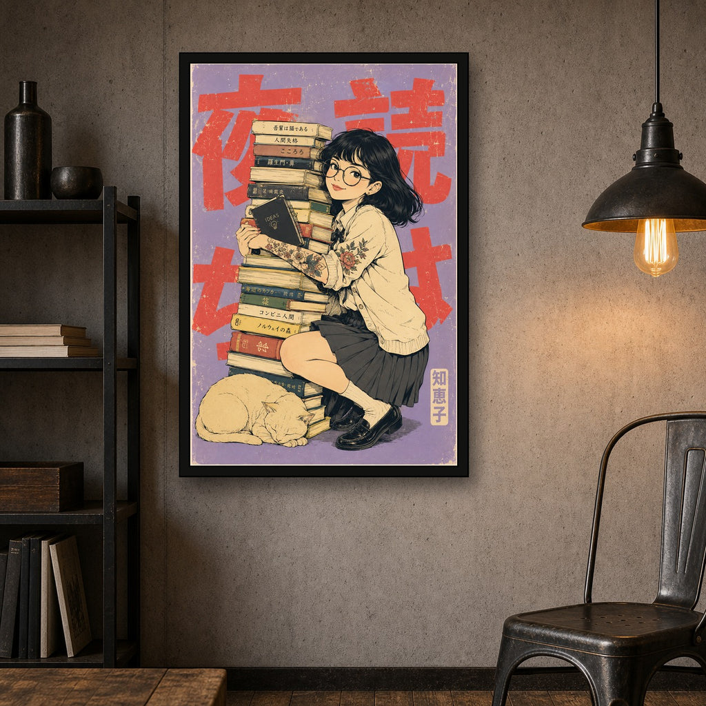 Book Stack Girl Japanese Retro Poster - 2x3 room mockup