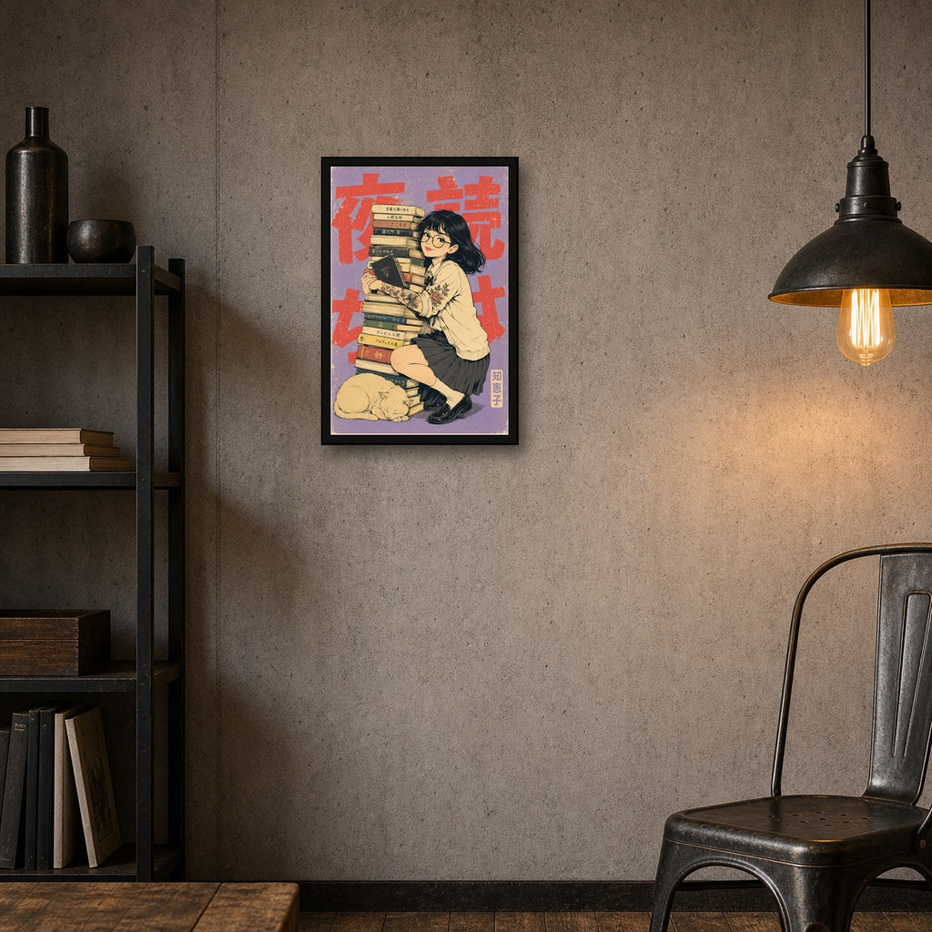 Book Stack Girl Japanese Retro Poster - 2x3 room mockup