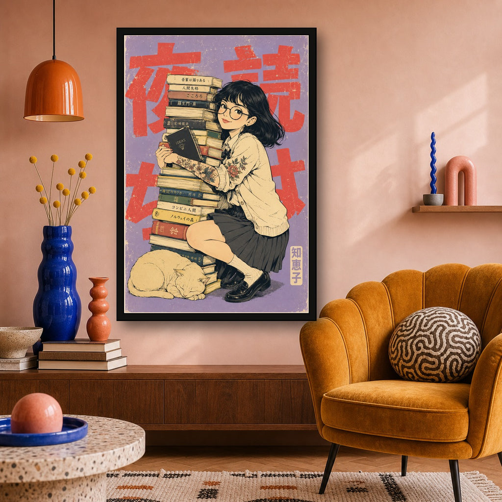 Book Stack Girl Japanese Retro Poster - 2x3 room mockup