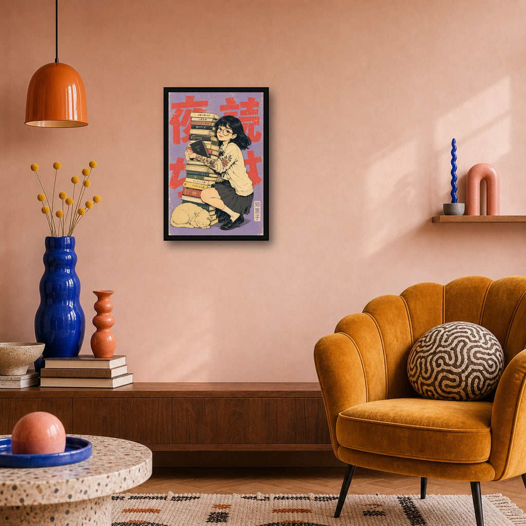 Book Stack Girl Japanese Retro Poster - 2x3 room mockup