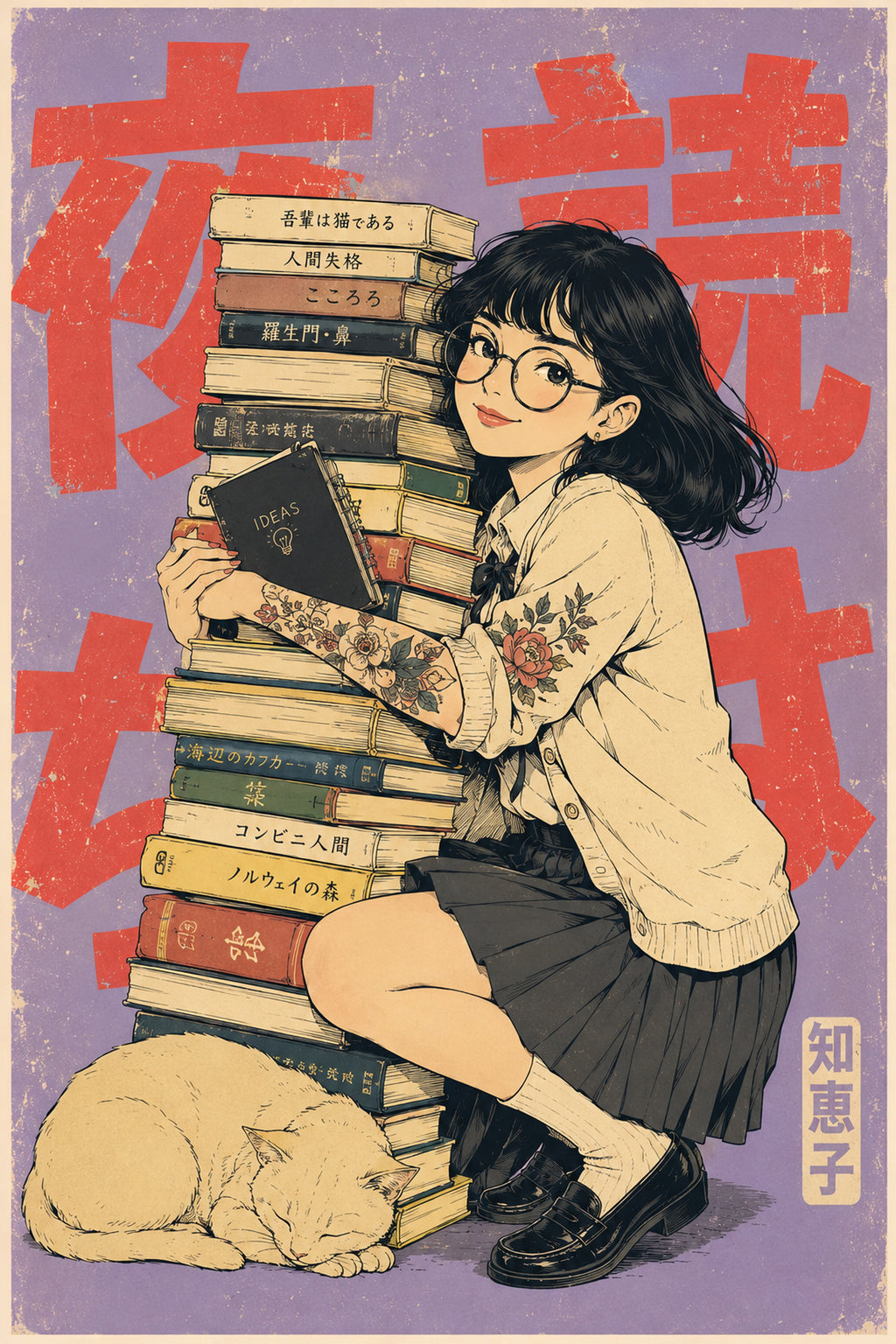 Book Stack Girl Japanese Retro Poster
